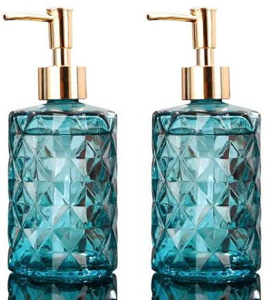 Soulnioi Soap Dispenser Set, 2Pcs Glass Lotion Dispenser Bottle with Pump 330ML Refillable Liquid Soap Jar Dispenser for Bathroom, Kitchen, Countertop, Laundry Room - Green