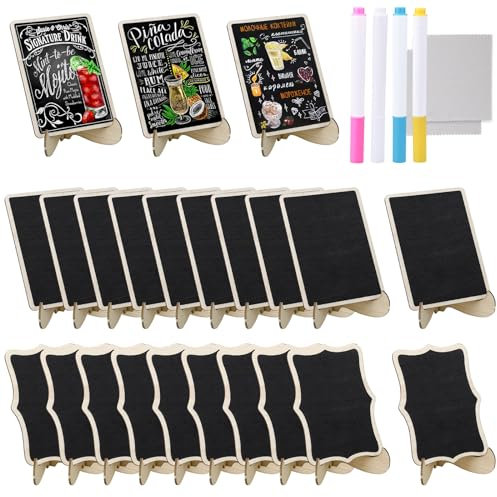 20 Stück Mini Holz Kleine Tafel zum Beschriften set 10*7,5cm Klein Kreidetafelset mit 4 Stifte und 2 Reinigungstuch abwischbare Preisschilder Namensschilder für Buffet Hochzeit Party und Schaufenster