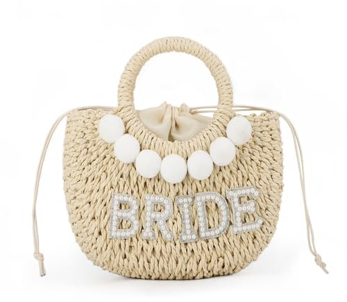 Ynport Crefreak Damen Braut Stroh Umhängetasche Handgewebte Umhängetasche Strass Brief Patches Handtasche Junggesellenabschied Flitterwochen Hochzeit Braut Dusche Geschenk, Beige BRIDE