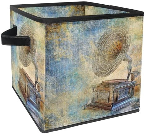 VAPOKF Faltbare Aufbewahrungsbox Stoff Aufbewahrungskorb Würfel Organizer Behälter mit Griffen für Spielzeug Kleidung Bücher Schrank Schlafzimmer Zuhause Vintage Grammophon
