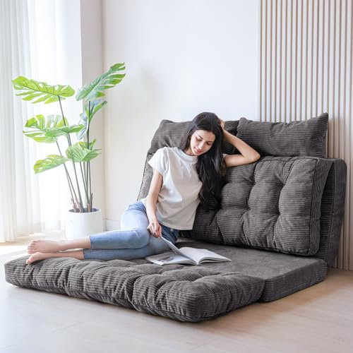 MAXYOYO Sitzsack-Bett, getuftetes, faltbares Schlafsofa mit Kissen, Bodenmatratze für Erwachsene, extra dickes und langes Bodensofa, Einzelboden-Couch-Bett für Schlafzimmer, Wohnzimmer, Dunkelgrau,