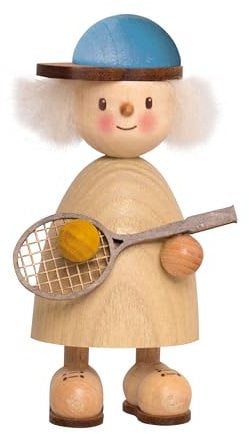 Kuhnert Drechslerei Dekoration/Holzfigur aus Massivholz mit Schafwollfrisur - Finn & Finja - Motiv: Finn mit Tennisschläger - Höhe: ca. 9cm - Made in Germany