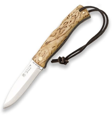 Joker KlappMesser ARTICA NL155 mit Griffen aus gekräuselter Birke, 8 cm 14c28n Klinge, Scandi-Schliff, Werkzeug für Angeln, Jagd, Camping und Wandern