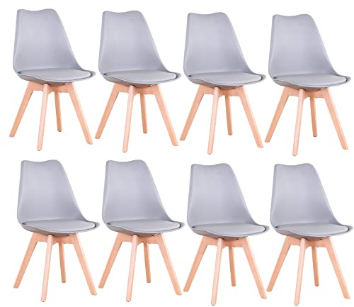 DEYARNA HOME 8er Set Moderne Esszimmerstühle, Skandinavische Stühle mit Beinen aus Massivem Buchenholz, Gepolsterte Stühle für Küche, Esszimmer & Wohnzimmer (Grau)