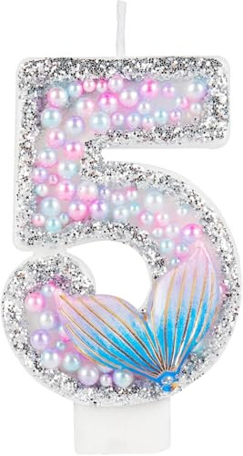 Mermaid Tail Birthday Candles, Sparkler 5th Birthday Candles, Pink Number 5 Candle for Cake, Macaron Pink Candle Cake Topper for Girls Boys Mermaid Themed 5th Birthday Party Decorations Supplies