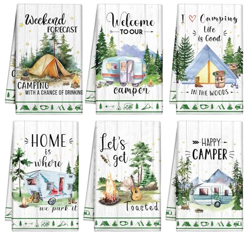 Macarrie Camping-Küchentücher, Aquarell-Stil, Geschirrtücher, Camper, saugfähige Handtücher, Set mit lustigem Camping-Muster, 53,3 x 35,6 cm, für coole Campinggeschenke, Campingzubehör für Wohnmobile,