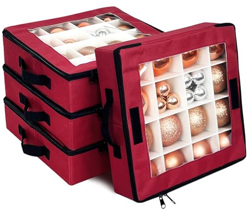 VERONLY Christmas Ball Ornaments Storage Box with Dividers - 4 Pcs Collapsible Xmas Decorations Organizer with 2 Handles and Lids for Holiday (Red)