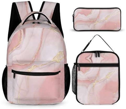 3 in 1 Kids Backpack for Boys And Girls, Pink Gold Marble Pattern Waterproof School Backpack with Lunch Box&Pencil Bag, Cute Bookbag Travel School Bag, Durable & Water-Resistant, for School, Travel &,