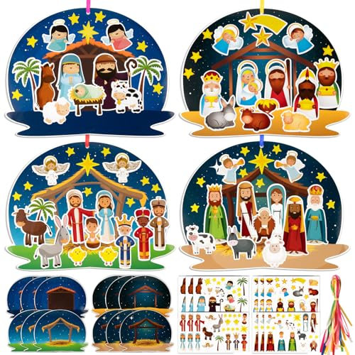BOOMTOP 12pcs Weihnachten Basteln Kinder Krippe Jesus Geburt Deko Bastelset Weihnachtskrippe Deko Anhänger Kreativsets mit Zubehör-Aufkleber Weihnachtsanhänger Religiöses Geschenk Weihnachtsdeko