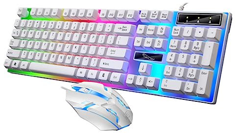 Angoily Wired Gaming Keyboard Mouse Set Colorful Backlight Ergonomic Design for Gamers White Color for Desktop and Laptop Use