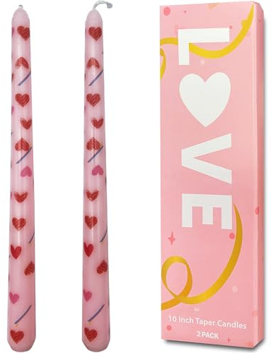 Topsics Stabkerzen Rosa, 2 Stück Spitzkerzen Bedruckt Rosa Rote Herzen, 25cm Kerzen Geeignet für Kerzenständer Tischdekoration Valentinstag Dekoration