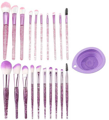 20 Pinceaux De Maquillage, 1 Plateau De Nettoyage Pliable Pour Pinceaux De Maquillage, Pinceau De Maquillage Avec Manche En Cristal Pailleté, Ensemble De Pinceaux Anti-Cernes.