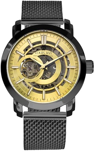 LOUIS XVI Versailles 2.0 Automatik 1932 - Ø 43.5 mm - Herren Uhr - Wasserdicht - Skelettuhr - Armband Schwarz - Zifferblatt Gold – Automatikuhr