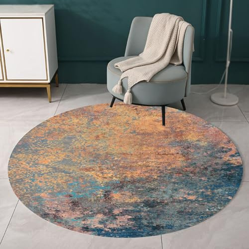Yaaxinb Teppich Rund, Multi Blue 90 cm, Kurzflor Teppiche Bedruckte Wohnzimmerteppich Kinderteppich Dekorative Wohnzimmer Schlafzimmer,Modernes Dunkelblau, Teal Blau, Orange, Gelb, Grau Deko