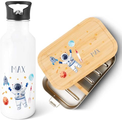 GRAVURZEILE - Bedruckte Trinkflasche & Brotdose Set - Astronaut - Personalisiert mit Namen - Edelstahl Trinkflasche 600 ml, Brotdose mit Deckel - Geschenk zur Einschulung für Jungen & Mädchen