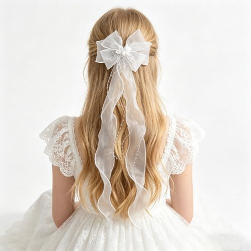Haarschmuck mit Schleife für Mädchen, weiße Schleife, Perlen und Organzaband, perfekt für Erstkommunion, Hochzeit und Blumenmädchen-Dekorationen