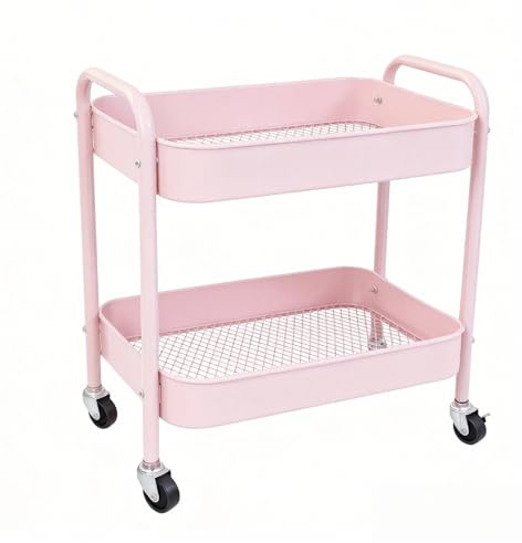 Ufriandz Pink 2 Tier Rolling Cart Metal with Wheels Under Desk Storage Cart for Small Space Organization, Small Trolley for Pantry Room Laundry Bathroom Kitchen Office Art Snack Baby Supplies