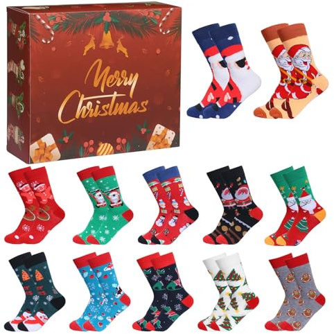 Socken Adventskalender 2025 Damen Herren, 12 Paar Weihnachtssocken Warme Baumwollsocken Lustige Socken Elch Schneemann Weihnachtsbaum Weihnachten Geschenk (Rot)