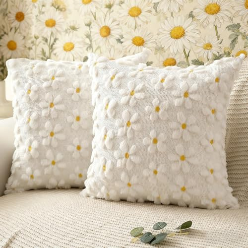Huahuanghui 2 Stück Gänseblümchen Kissenbezug 45x45cm Weicher Plüsch Zierkissenbezüge Blumen Kissenhülle Sofakissenbezug Dekokissen für Couch, Sofa, Wohnzimmer, Garten, Schlafzimmer & Outdoor