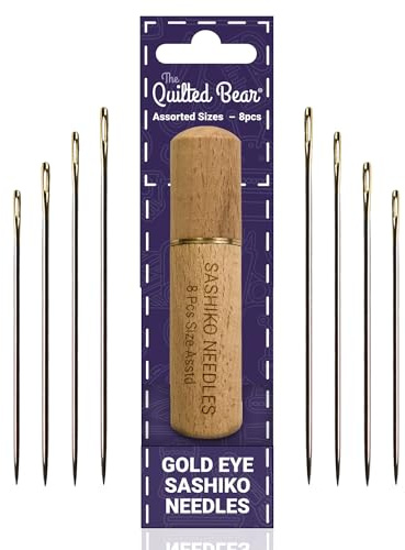 The Quilted Bear Gold Eye Sashiko-Sticknadeln–8 lange, scharfe Sashiko-Nadeln mit großem Öhr zum Sticken, in einem hochwertigen gravierten Holzetui für Sashiko-Stickerei & Handnähen (sortierte Größen)