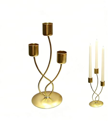 Goldene Kerzenständer aus Metall,Vintage Kerzenhalter für 3 Stabkerzen | Industrieller Stil,Eleganter Ständer,Geeignet für Familien-Abendessen, Wohnzimmer, Hochzeiten, Bankette und Feiertage