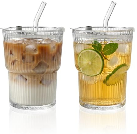 2 Pack Matcha Cups, Iced Coffee Glass Cup 400ml/13.5oz with Lid and Straw | Can Shaped Drinking Glasses with Reusable Tumbler for Smoothies Latte Matcha Beer Juice Cold and Hot Drinks Dishwasher Safe