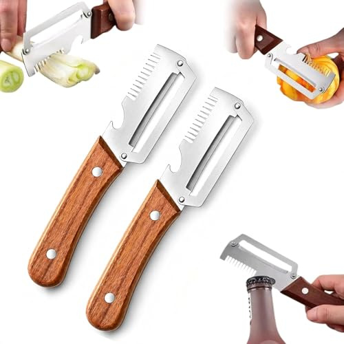 2PCS 3-in-1 Multifunctional Vegetable Peeler, Zero Snag Wooden Peeler, 2-in-1 Multifunctional Stainless Steel Peeler, Potato Fruit Pumpkins Kitchen Peelers with Bottle Opener