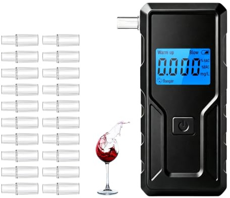 Alkoholtester, Promillemessgerät, Polizeigenau Alkoholmessgeräte mit 20 Mundstücken Blauer LCD-Anzeige Alkohol Tester für Den Einsatz zu Hause Oder Auf Partys