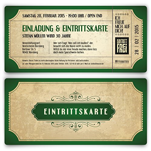 Kartenmachen.de Einladungskarten zum Geburtstag (10 Stück) im Vintage Ticket Look Grün Einladung Retro 70er