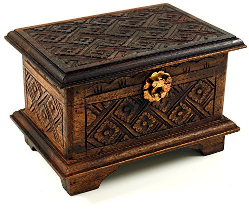 GURU SHOP Beschnitzte Kleine Schatztruhe, Holzschachtel, Schmuck Dose, Schatzkiste - Modell 16, 14x21x15 cm