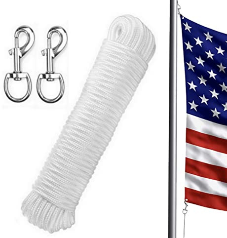 ALAZCO 80 ft. Extra Strong Diamond Braid Nylon Multi-Purpose Flag Line Rope - Weather Resistant Shock Absorbent Heavy Duty Poly 3/16'' Thick - Comes with 2pc Swivel Snap Hooks