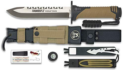 K25-32133 K25.Cuchillo Thunder II Camo Sand. h: 17 Herramienta para Caza, Pesca, Camping, Outdoor, Supervivencia y Bushcraft + Portabotellas de regalo