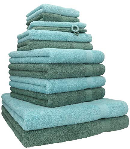 Betz 12-TLG. Handtuch Set Premium 100% Baumwolle 2 Duschtücher 4 Handtücher 2 Gästetücher 2 Seiftücher 2 Waschhandschuhe Farbe Ocean/tannengrün