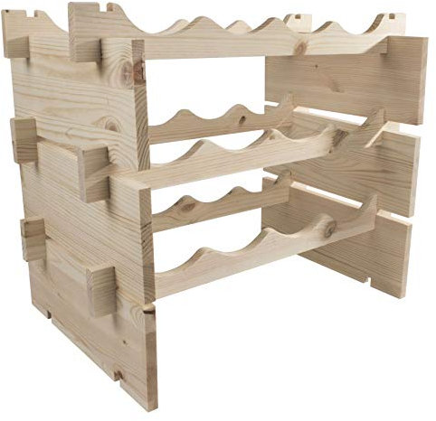 Freestanding Modular Wooden Wine Rack | 12 Bottle Capacity | 50 x 32 x 40 cm | Floor Standing Display Cellar Storage Holder | Natural Unpainted & Untreated Plain Pine