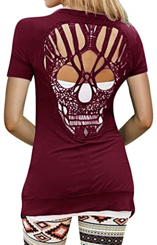 WLLW Damen-Strickjacke, langärmelig, vorne offen und hinten ausgeschnitten, Totenkopf-Design, Weinrot, Mittel