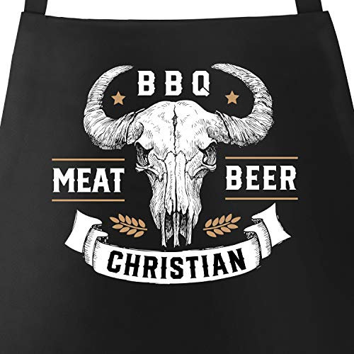MoonWorks® Grill-Schürze für Männer eigener Name Büffelschädel BBQ Meat Beer Baumwoll-Schürze schwarz unisize