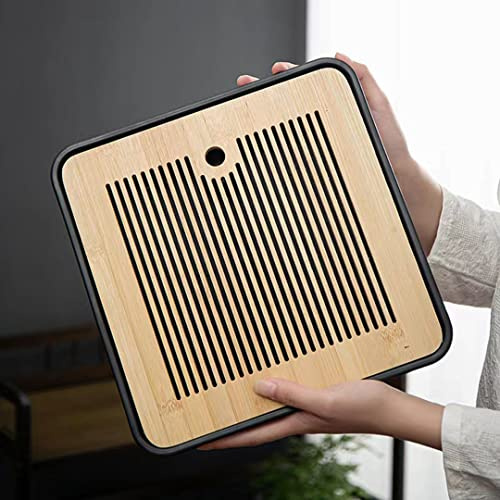11 Inch Bamboo Chinese Gongfu Tea Tray Table Box With Water Storage for Kungfu Tea Set (Black)