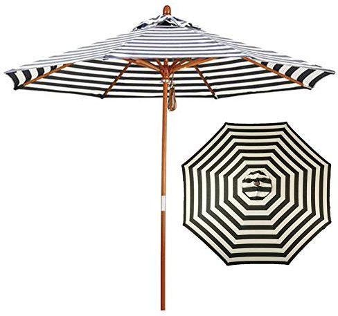 HWF Sombrilla 9 Pies / 2,7 M de Madera Jardín Patio Sombrilla Paraguas con Rayas Negras/Blancas Cubierta CE Poliéster, Parasol Al Aire Libre para Playa/Balcón/Patio Trasero/Terraza/Piscina