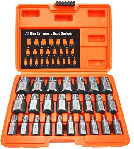 XEWEA Lot de 25 extracteurs de vis à tête hexagonale multi-cannelures, extracteur de boulons facile à sortir, en alliage d'acier au chrome-molybdène, très résistant, métrique et arrondi