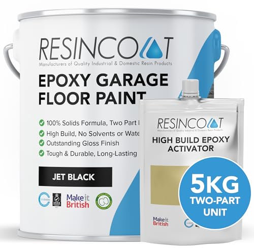Resincoat High Build Epoxy Garage Floor Paint, Two-Part Epoxy Coating, High Gloss Finish, Solvent Free Formula, Tough & Durable Concrete Floor Paint, Made in the UK, Jet Black, 5kg