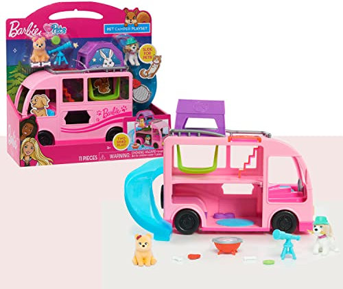 Just Play Camping-Car Barbie pour Animaux domestiques avec 2 Figurines de 3,8 cm de Haut, 11 Accessoires, Coffret avec Figurines, Jouets pour Enfants de 3 Ans et Plus