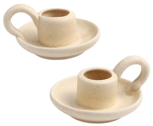Angoily Kerzenständer aus Keramik, mit Griff, nordischer Stil, für Tischdekoration, Hochzeit, Beige, 2 Stück