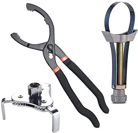 imatenn Universal Oil Filter Removal Tool Set, 12 inch Oil Filter Pliers Spanner and Steel Band Trap Wrench and 3 Jaw Adjustable Oil Filter Clamp Remover Capacity 60mm-120mm