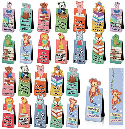 24 Stück Mini Lesezeichen Magnetisch 3x12cm Niedlichen Tiere Magnetische Lesezeichen mit Englisches Motto Geschenk Ideen für Kindergeburtstag Mädchen und Junge Schulkind Schulanfang usw. (12 Stile)