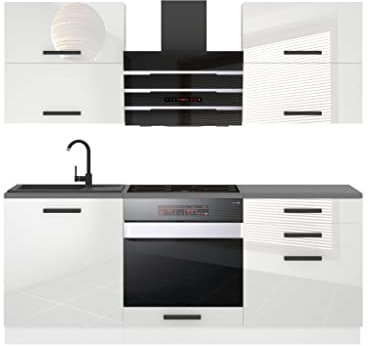 Belini - Blocco cucina Emily, mobili da cucina, 180 cm, senza elettrodomestici con pensili e armadi, con controsoffitti, colore: Bianco lucido