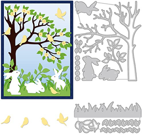 BENECREAT 2 Stück Frühlingsthema Kohlenstoffstahl Stanzformen Schablonen, 2 Stile Hasenbaum Vögel Metallprägeschablone Geschnittene Schablonen Für DIY Scrapbooking, Fotoalbum, Papierkarte