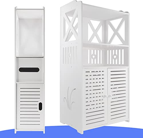 YouseaHome Bathroom Waterproof Cabinet 15.7x10x35 inch Storage Space with 3 Tiers 2 Doors, Free-standing, Easy to Assemble, Space Saving, Environmental Protection Paint, White
