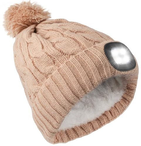 TJC Beanie Hat with Light Built in - Rechargeable LED Torch Hat - Fur Lining Cap Lighted Beanie - Winter Cap for Jogging, Cycling, Camping, Hiking & Dog Walking - Gift for Men & Women - Beige