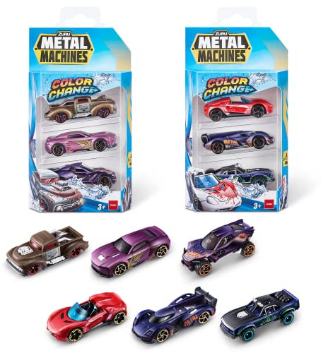 Metal Machines Farbwechselauto Serie 4, Mini-Die-Cast-Auto 6er-Pack von ZURU, Rennwagen zum Sammeln für Jungen, Spielzeugauto im Maßstab 1:64 (6er-Pack), Stile können variieren