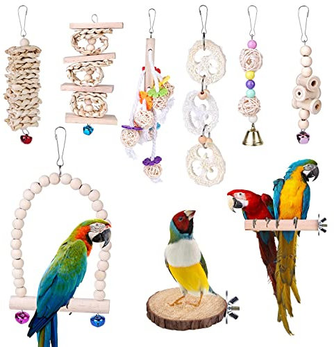 Vogelspielzeug - Papageienspielzeug, 9 Stück Vogelkäfig Schaukelspielzeug, Kauspielzeug Vögel Spielzeug, Vogelkäfig Zubehör, Holz Sitzstangen Plattform für Wellensittich,Aras,Finken,Nymphensittiche